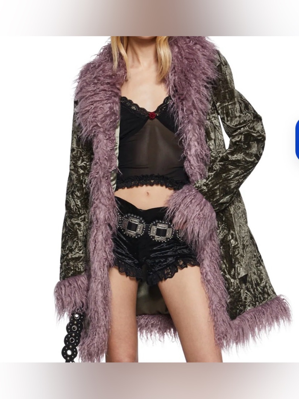 Dolls Kill Art Magic Crushed Velvet Green coat with lilac fur